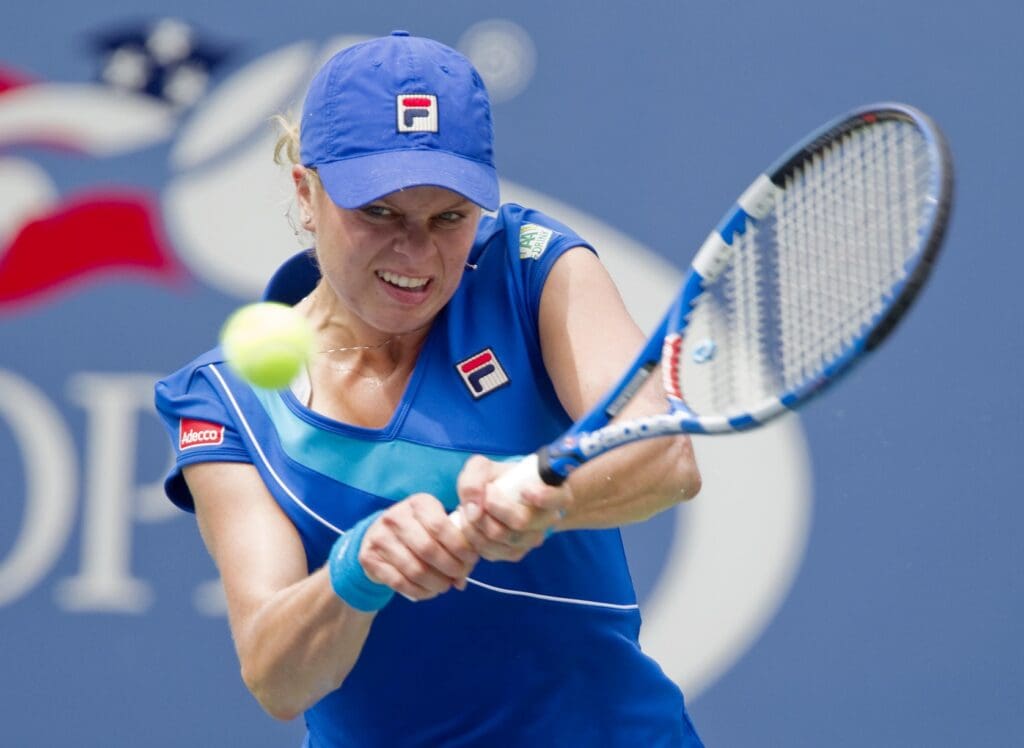 Sep 3, 2010; Flushing, NY, USA; Kim Clijsters (BEL) returns a shot against Petra Kvitova (CZE) on day five of the 2010 US Open at Billie Jean King National Tennis Center. Clijsters won 6-3, 6-0.
