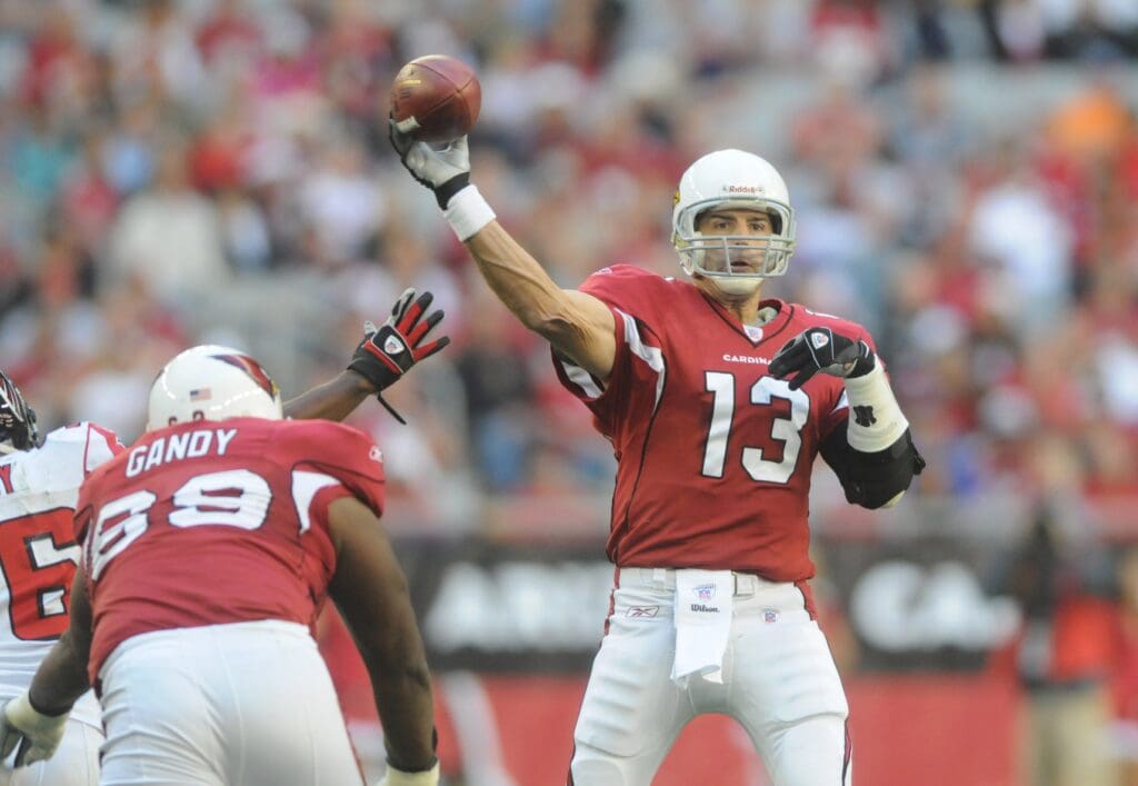 Dec. 23, 2007; Glendale, AZ, USA; Arizona Cardinals quarterback Kurt Warner (13) throws a first half pass against the Atlanta Falcons at University of Phoenix Stadium.