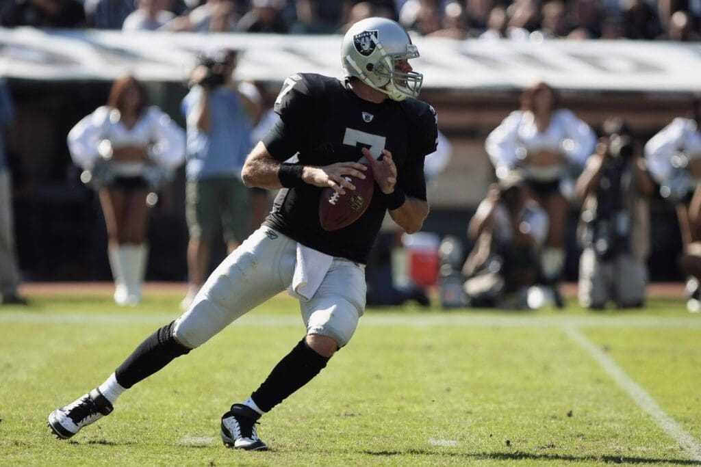 Oct 23, 2011; Oakland, CA, USA; Oakland Raiders quarterback Kyle Boller (7) looks for an open receiver during the first quarter against the Kansas City Chiefs at O.co Coliseum.