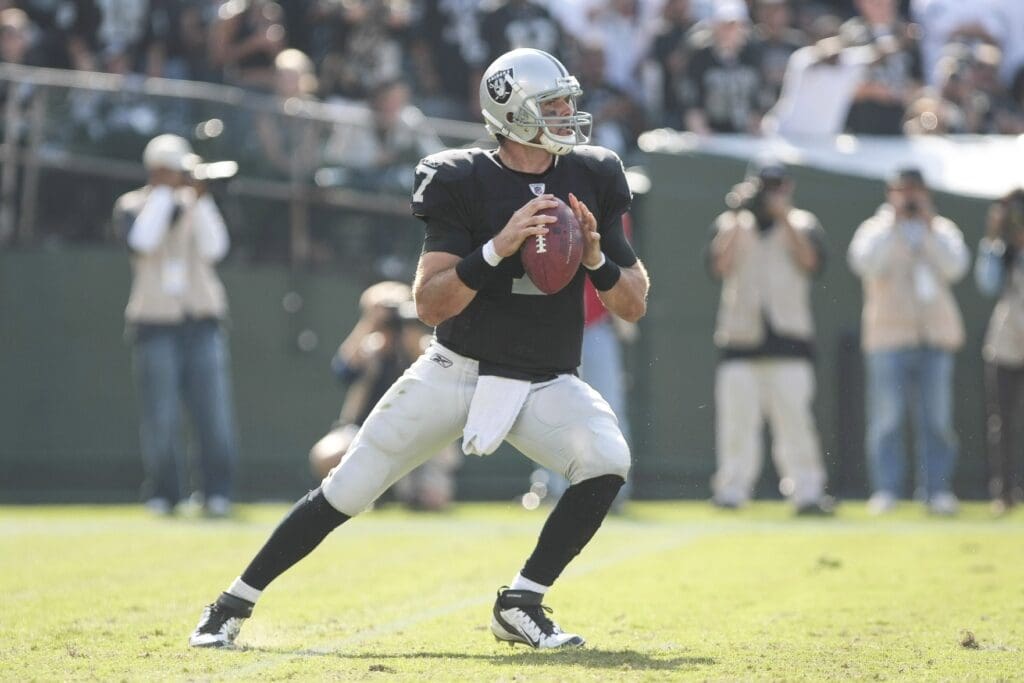 Oct 16, 2011; Oakland CA, USA; Oakland Raiders quarterback Kyle Boller (7) looks for an open receiver during the fourth quarter against the Cleveland Browns at the O.co Coliseum. The Oakland Raiders defeated the Cleveland Browns 24-17.