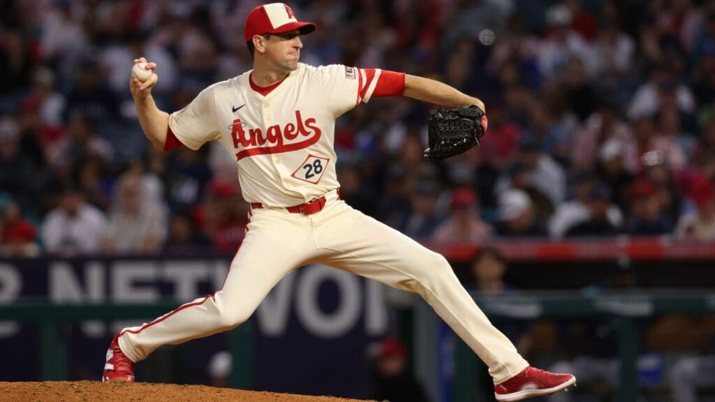Jun 6, 2025; Anaheim, California, USA; Los Angeles Angels pitcher Kyle Hendricks (28) throws during the sixth inning against the Seattle Mariners at Angel Stadium.