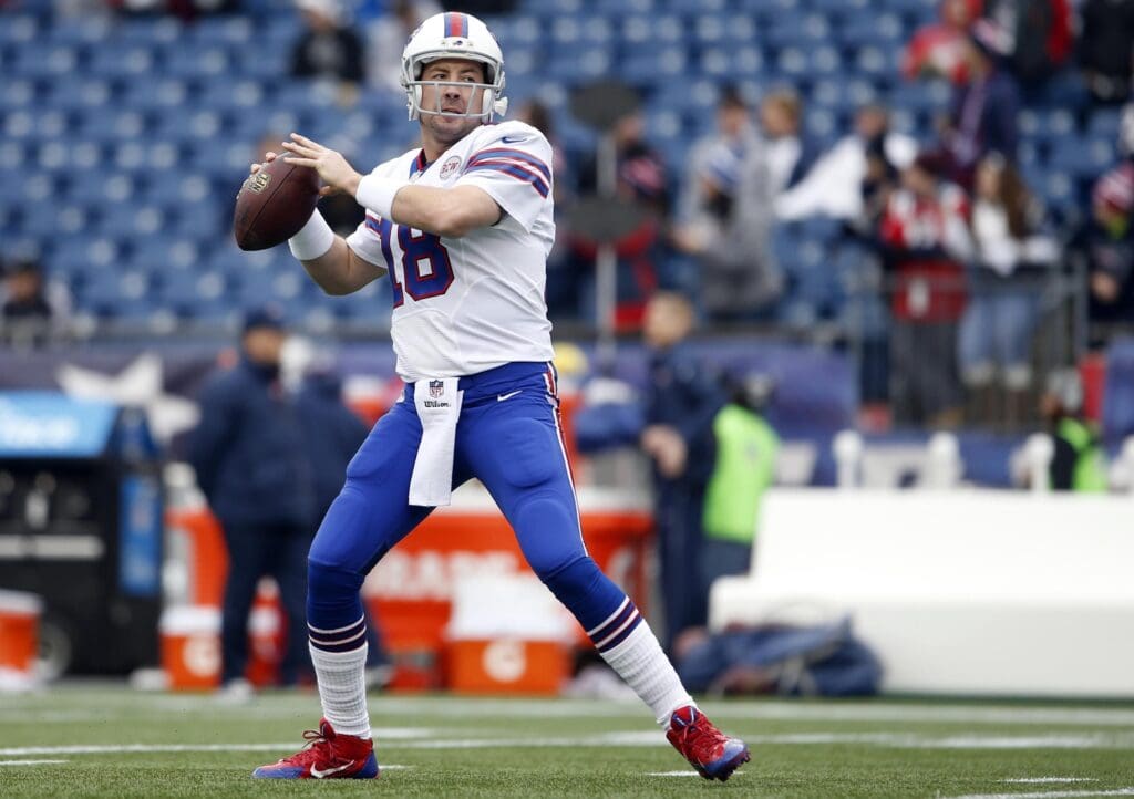 Dec 28, 2014; Foxborough, MA, USA; Buffalo Bills quarterback Kyle Orton (18) warms up before the start of the game against the New England Patriots at Gillette Stadium.