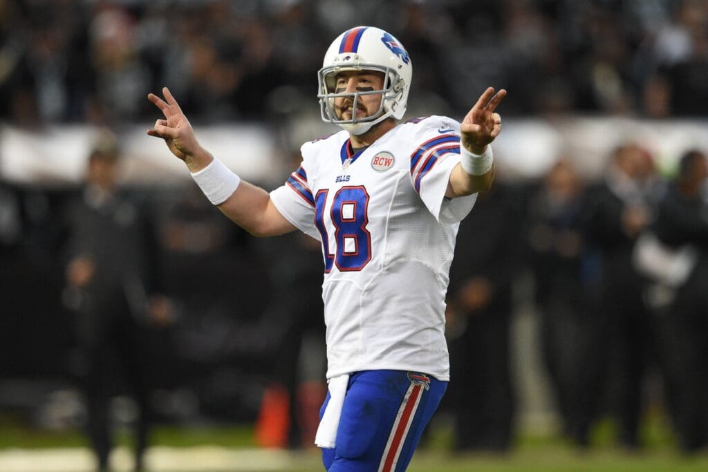 December 21, 2014; Oakland, CA, USA; Buffalo Bills quarterback Kyle Orton (18) during the fourth quarter against the Oakland Raiders at O.co Coliseum. The Raiders defeated the Bills 26-24.