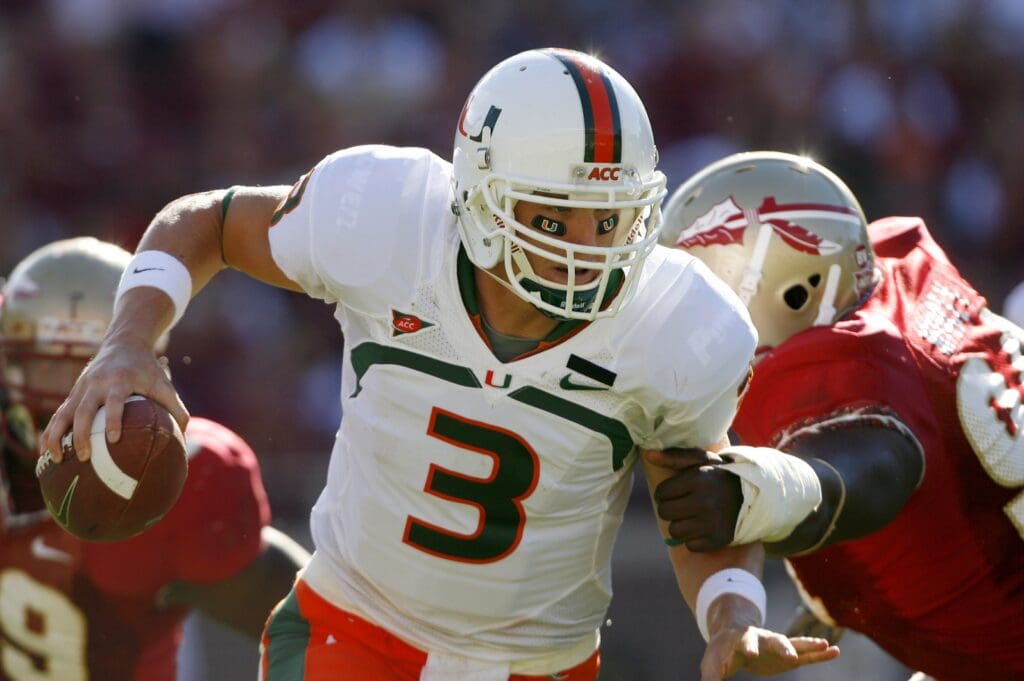 Oct 20, 2007; Tallahassee, FL, USA; Miami Hurricanes quarterback Kyle Wright (3) scrambles during the second quarter against the Florida State Seminoles at Doak Campbell Stadium in Tallahassee, Florida. Miami won the game 37-29.