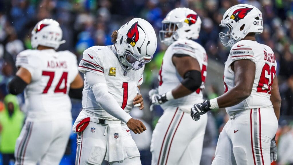 Nov 24, 2024; Seattle, Washington, USA; Arizona Cardinals quarterback Kyler Murray (1) reacts following a third down play against the Seattle Seahawks during the fourth quarter at Lumen Field.