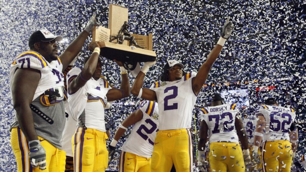 Dec 1, 2007; Atlanta, GA, USA; LSU Tigers celebrate their 21-14 victory over the Tennessee Volunteers in the SEC Championship game at the Georgia Dome.