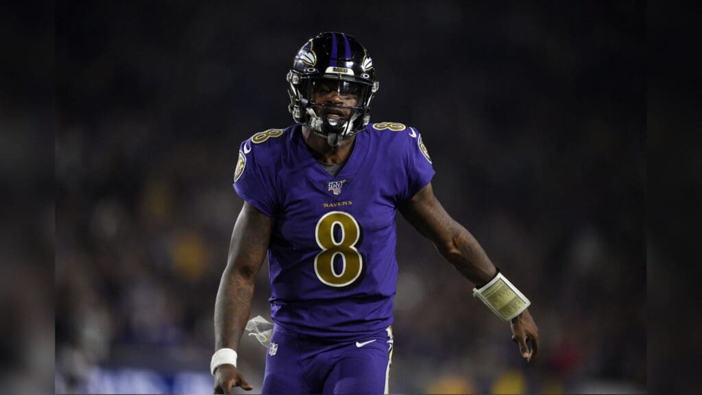 Nov 25, 2019; Los Angeles, CA, USA; Baltimore Ravens quarterback Lamar Jackson (8) in action during the second half against the Los Angeles Rams at Los Angeles Memorial Coliseum.