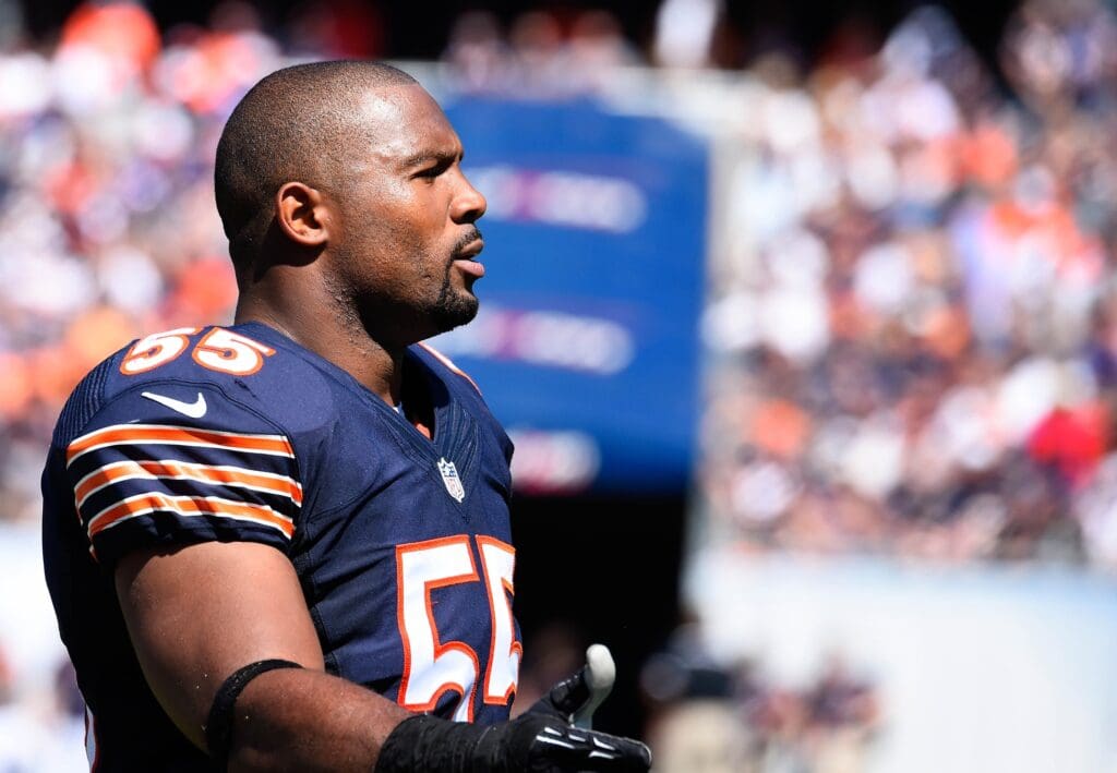 Sep 7, 2014; Chicago, IL, USA; Chicago Bears outside linebacker Lance Briggs (55) during the second quarter at Soldier Field.