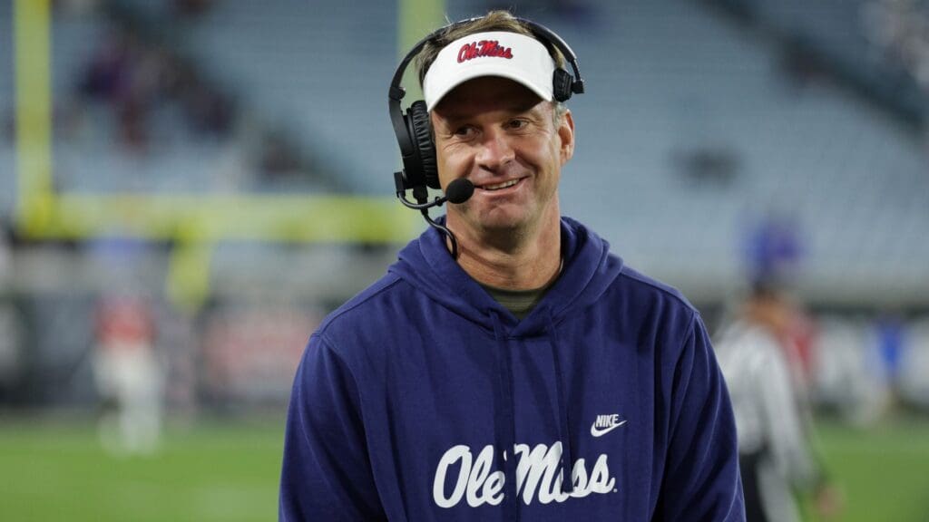 Jan 2, 2025; Jacksonville, FL, USA; Mississippi Rebels head coach Lane Kiffin looks on against the Duke Blue Devils in the fourth quarter during the Gator Bowl at EverBank Stadium.