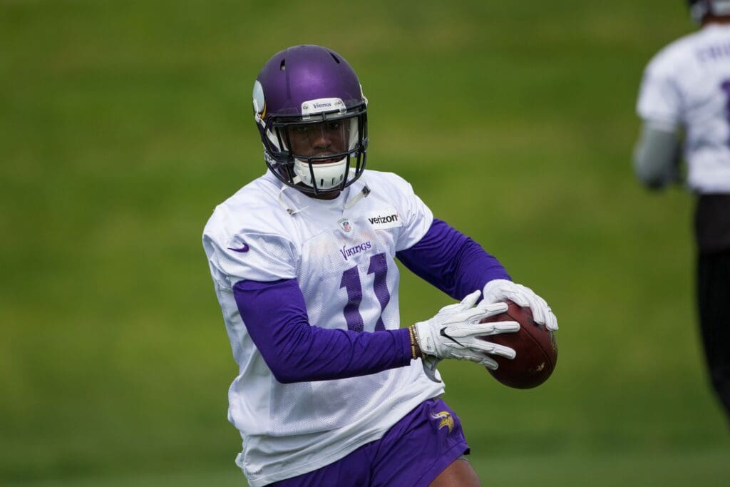 Jun 13, 2017; Eden Prarie, MN, USA; Minnesota Vikings wide receiver Laquon Treadwell (11) catches a pass at Winter Park in Eden Prairie, MN.