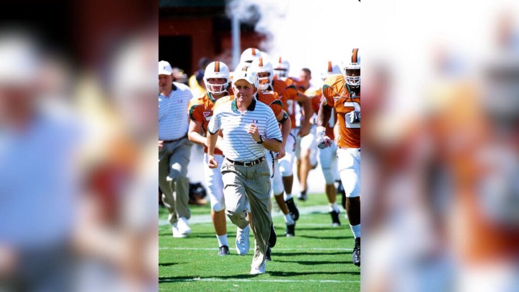 Unknown date, 2001; Coral Gables, FL, USA; FILE PHOTO; Miami Hurricanes head coach Larry Coker runs onto the field at Sun Life Stadium.
