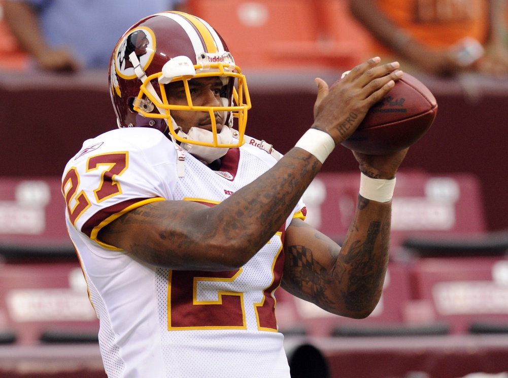August 13, 2010; Landover, MD, USA; Washington Redskins running back Larry Johnson before a preseason game against the Buffalo Bills at FedEx Field.