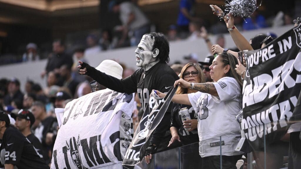 Oct 20, 2024; Inglewood, California, USA; Las Vegas Raiders fans cheer on their team against the Los Angeles Rams during the second half at SoFi Stadium.