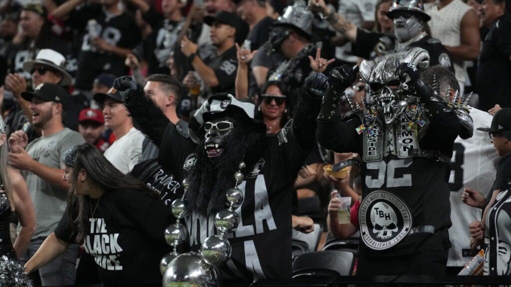 Aug 23, 2024; Paradise, Nevada, USA; Las Vegas Raiders fan Mark Acasio aka Gorilla Rilla reacts during the game against the San Francisco 49ers at Allegiant Stadium