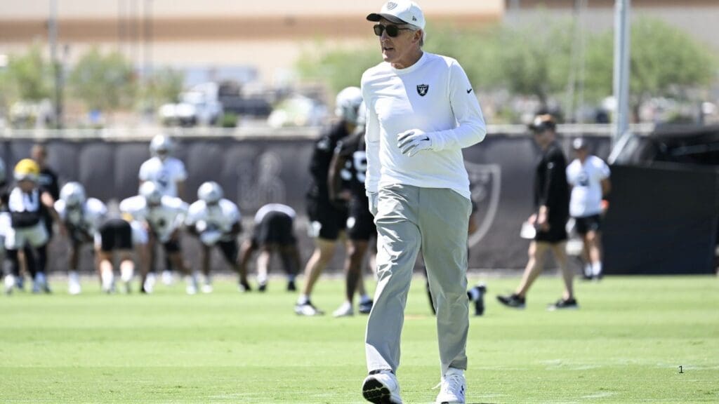 Jun 11, 2025; Henderson, NV, USA; Las Vegas Raiders head coach Pete Carroll runs down the field during Las Vegas Raiders Minicamp at Intermountain Health Performance Center.