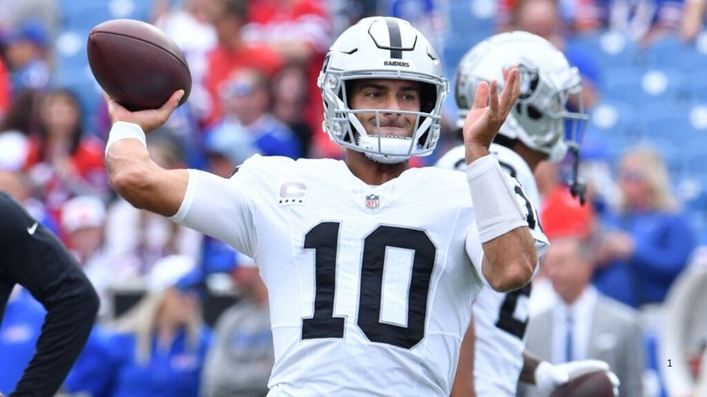 Sep 17, 2023; Orchard Park, New York, USA; Las Vegas Raiders quarterback Jimmy Garoppolo (10) warms up before a game against the Buffalo Bills at Highmark Stadium.