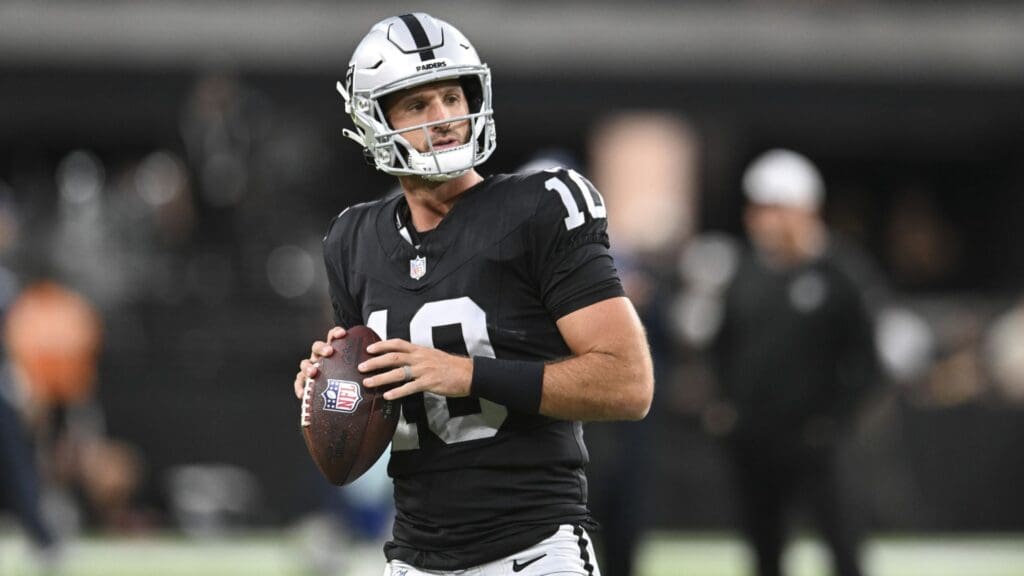 Aug 17, 2024; Paradise, Nevada, USA; Las Vegas Raiders quarterback Nathan Peterman (10) warms up against the Dallas Cowboys at Allegiant Stadium