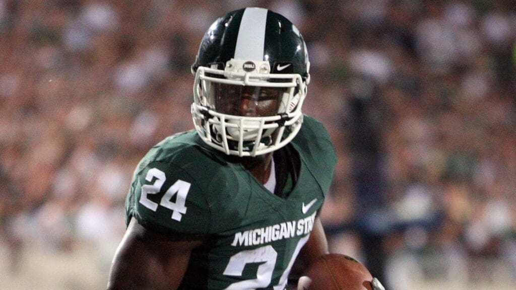 Sep 2, 2011; East Lansing, MI, USA; Michigan State Spartans running back Le'Veon Bell (24) scores a touchdown during the game against the Youngstown State Penguins at Spartan Stadium.