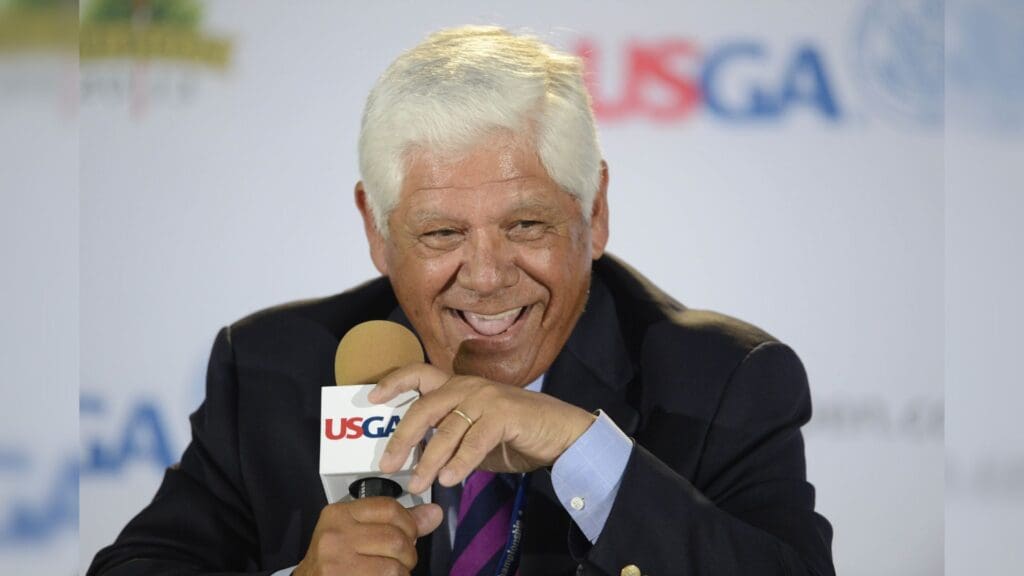 Jun 11, 2013; Ardmore, PA, USA; 1968 & 1971 U.S. Open champion Lee Trevino addresses the media during a press conference during the practice round of the 113th U.S. Open golf tournament at Merion Golf Club.