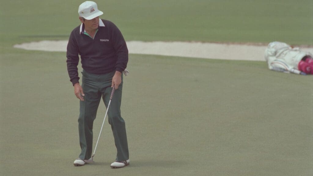 04/09/1989; Augusta, Georgia, USA; Lee Trevino on a green at the Augusta National Golf Course during the 1989 Masters.