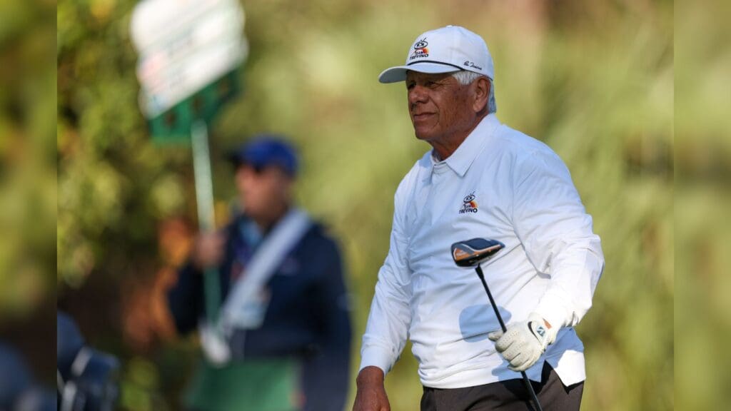 Dec 21, 2024; Orlando, Florida, [USA]; Lee Trevino tees off during the PNC Championship at The Ritz-Carlton Golf Club.