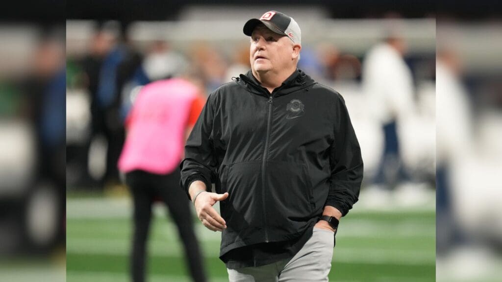 Jan 20, 2025; Atlanta, GA, USA; Ohio State Buckeyes offensive coordinator Chip Kelly before playing against the Notre Dame Fighting Irish the CFP National Championship college football game at Mercedes-Benz Stadium.