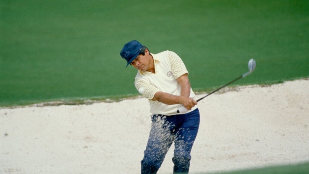 04/12/1984; Augusta, Georgia, USA; Lee Trevino chip ball out of bunker at the Augusta National Golf Course during the 1984 Masters. 