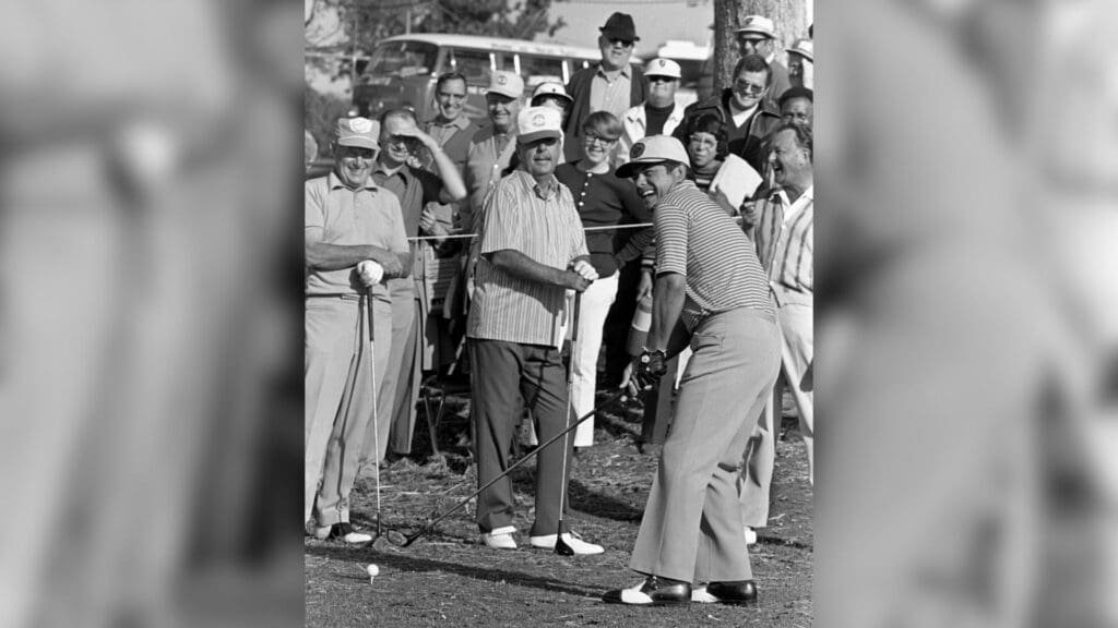 Fan favorite Lee Trevino is all smiles as he gets set to tee off on the first hole during the final day of the annual Music City U.S.A. Pro-Celebrity tournament at the Harpeth Hills Municipal golf course Oct. 10, 1971.