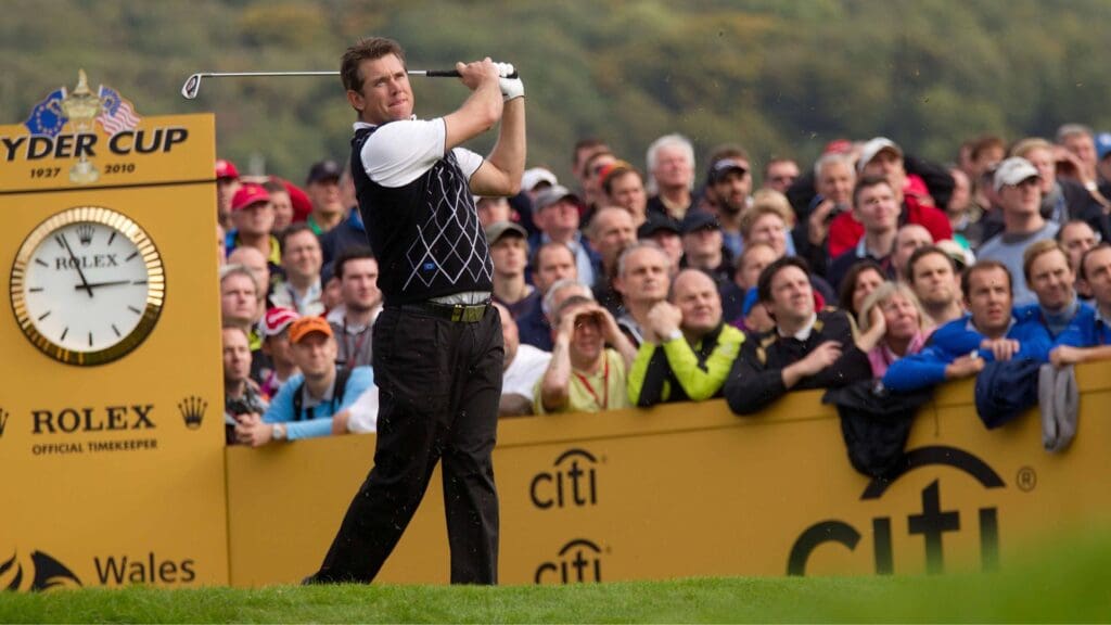 Oct. 2, 2010; Newport, WALES; Lee Westwood with his tee shot on the 17th during the second session of the 38th Ryder Cup at Celtic Manor Resort.