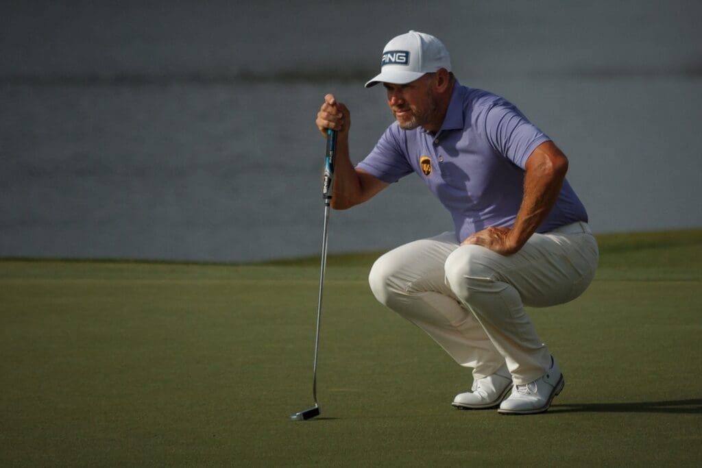 Lee Westwood readies for a putt during second round action of The Honda Classic at PGA National Resort and Spa in Palm Beach Gardens, Fla., on Friday, March 19, 2021.