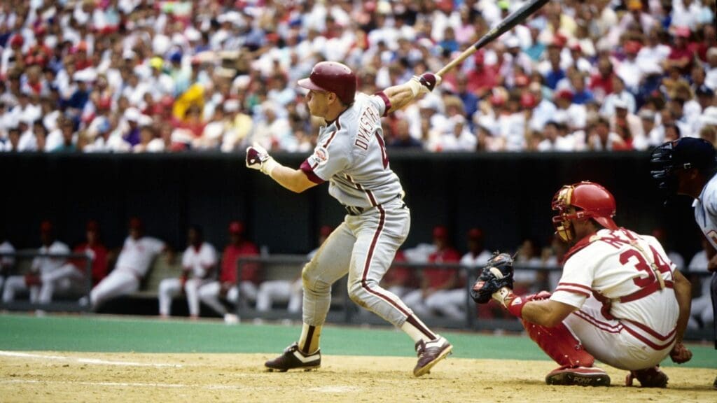 Unknown date 1990; Philadelphia, PA, USA: FILE PHOTO; Philadelphia Phillies outfielder Lenny Dykstra (4) in action against the Cincinnati Reds at Riverfront Stadium.