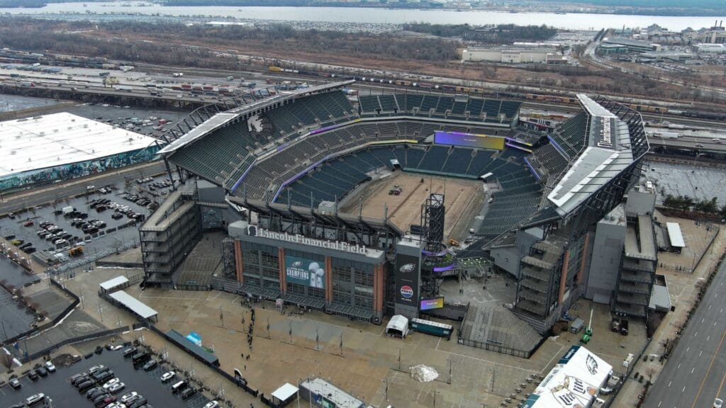 Feb 13, 2025; Philadelphia, PA, USA; A general overall aerial view of Philadelphia Eagles Super Bowl Champions banner on the Lincoln Financial Field facade.