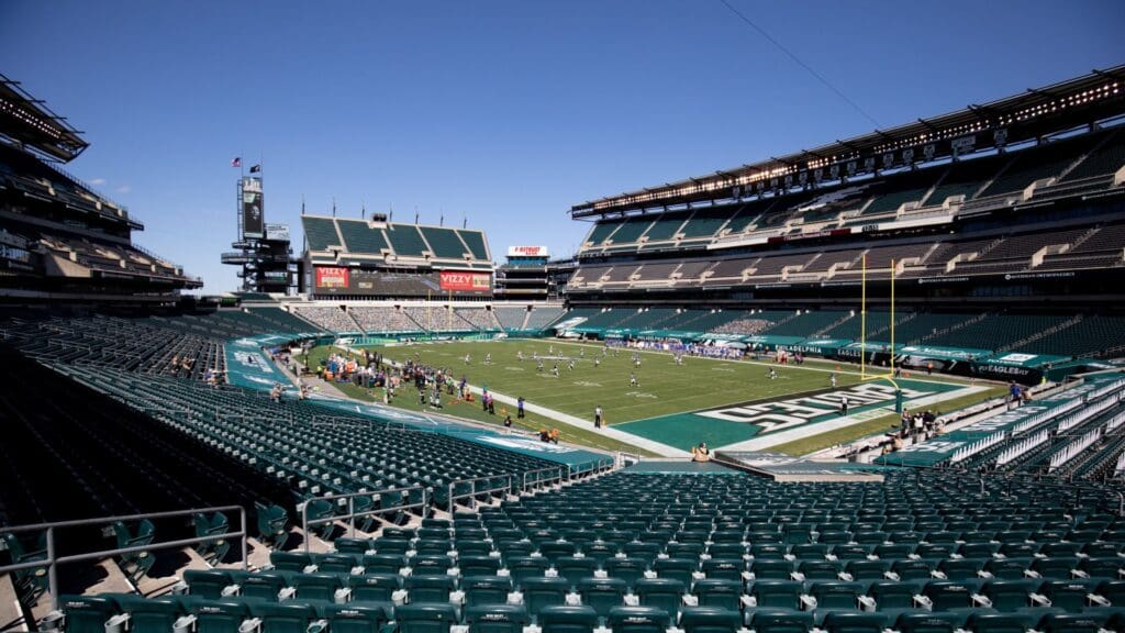 Sep 20, 2020; Philadelphia, Pennsylvania, USA; General view of game action during the second quarter of a game between the Philadelphia Eagles and the Los Angeles Rams at Lincoln Financial Field