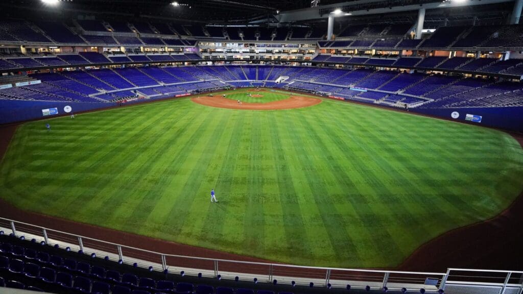Apr 30, 2023; Miami, Florida, USA; A view of LoanDepot Park field prior to a game between the Miami Marlins and the Chicago Cubs at loanDepot Park.