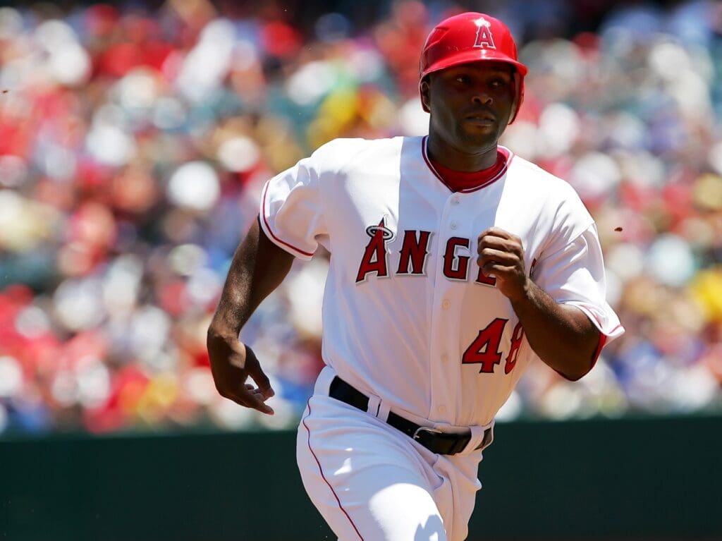 May 18, 2008; Anaheim CA, USA; Los Angeles Angels center fielder Torii Hunter (48) rounds third base to score in the second inning against the Los Angeles Dodgers at Angel Stadium of Anaheim. The Angels defeated the Dodgers 10-2.