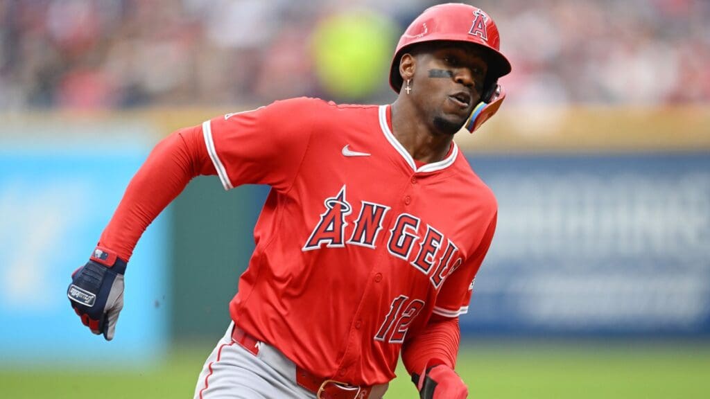 May 30, 2025; Cleveland, Ohio, USA; Los Angeles Angels right fielder Jorge Soler (12) rounds third base en route to scoring during the second inning against the Cleveland Guardians at Progressive Field.