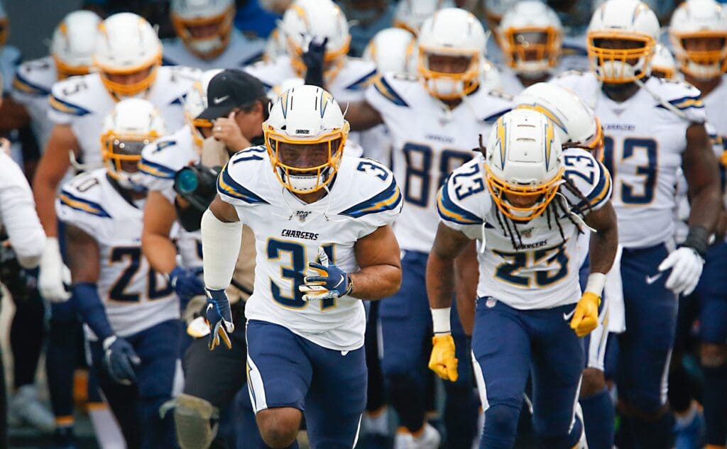 Dec 8, 2019; Jacksonville, FL, USA; Los Angeles Chargers defensive back Adrian Phillips (31) leads his team onto the field before a game against the Jacksonville Jaguars at TIAA Bank Field.