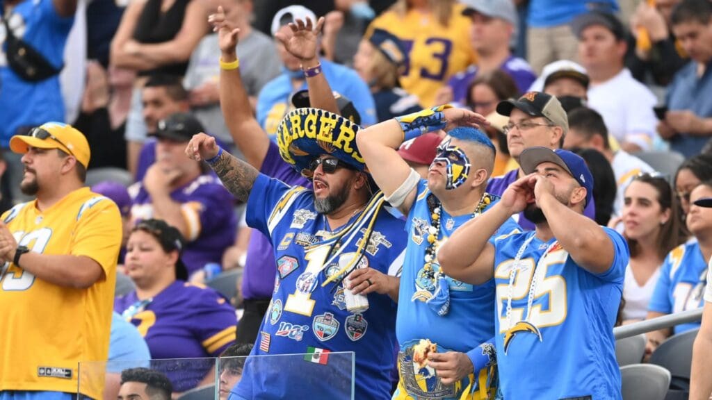 Nov 14, 2021; Inglewood, California, USA; Fans cheer during the game between the Los Angeles Chargers and the Minnesota Vikings at SoFi Stadium