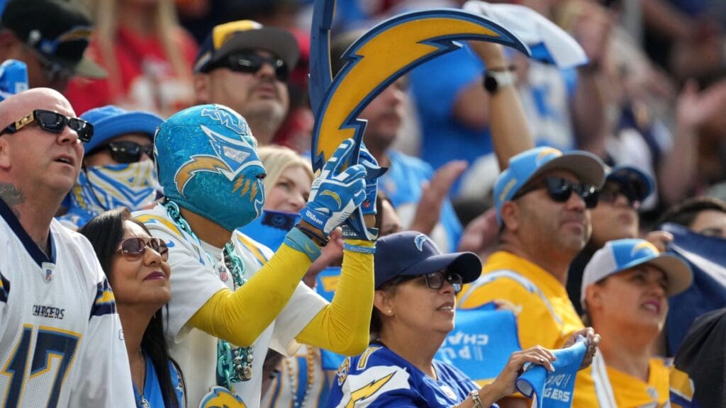 Sep 29, 2024; Inglewood, California, USA; A Los Angeles Chargers fan in costume reacts during the game against the Kansas City Chiefs at SoFi Stadium