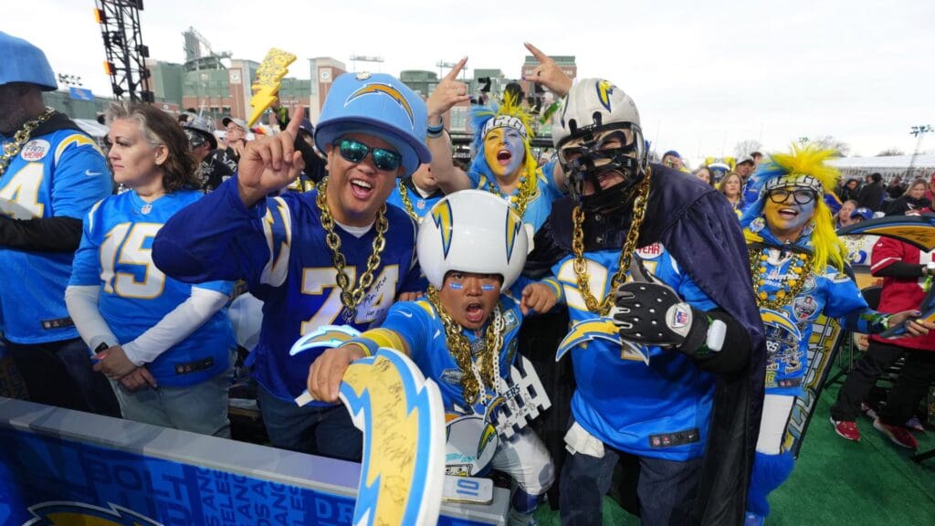 Apr 24, 2025; Green Bay, WI, USA; Los Angeles Chargers fans cheer before the first round of the 2025 NFL Draft at Lambeau Field.
