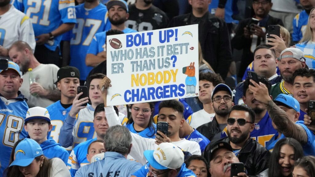Jan 5, 2025; Paradise, Nevada, USA; Los Angeles Chargers fans react after the game against the Las Vegas Raiders at Allegiant Stadium