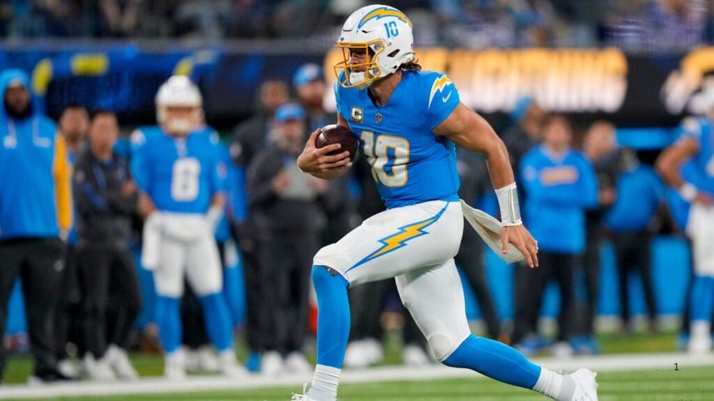 Los Angeles Chargers quarterback Justin Herbert (10) breaks away on a run in the fourth quarter of the NFL Week 11 game between the Los Angeles Chargers and the Cincinnati Bengals at SoFi Stadium in Inglewood, Calif., on Sunday, Nov. 17, 2024. The Chargers won 34-27.