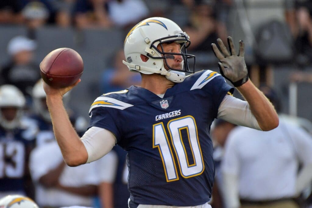 Aug 20, 2017; Carson, CA, USA; Los Angeles Chargers quarterback Kellen Clemens (10) passes against the New Orleans Saints during a NFL football game at StubHub Center.