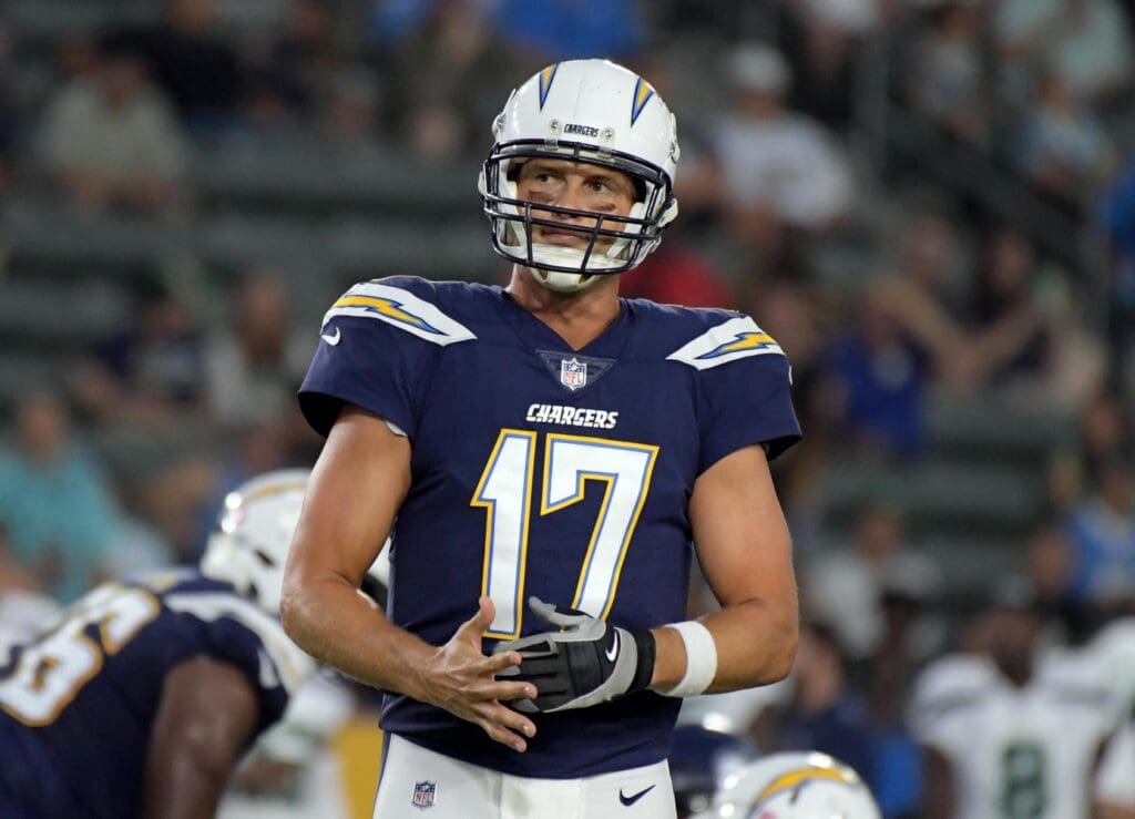 Aug 18, 2018; Carson, CA, USA; Los Angeles Chargers quarterback Philip Rivers (17) takes a moment during a preseason game against the Seattle Seahawks in the first quarter at StubHub Center