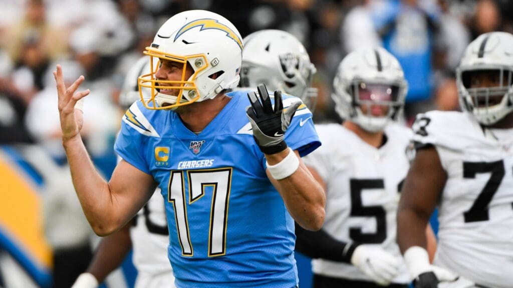 Dec 22, 2019; Carson, California, USA; Los Angeles Chargers quarterback Philip Rivers (17) shows his frustration on a play call during the fourth quarter against the Oakland Raiders at Dignity Health Sports Park