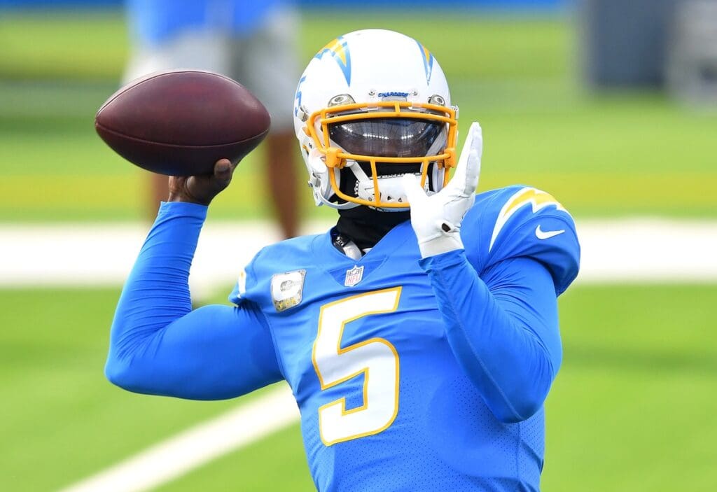 Nov 22, 2020; Inglewood, California, USA; Los Angeles Chargers quarterback Tyrod Taylor (5) warms up before a game against the New York Jets at SoFi Stadium