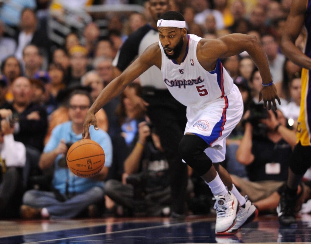 Jan 16, 2011; Los Angeles, CA, USA; Los Angeles Clippers guard Baron Davis (5) goes off a fast break against the Los Angeles Lakers at the Staples Center.