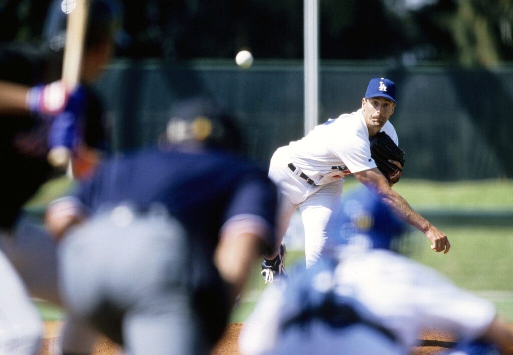 Mar 29, 1999; Vero Beach, FL, USA; FILE PHOTO; Los Angeles Dodgers pitcher Kevin Brown in action on the mound against the the New York Mets at Holman Stadium during spring training.