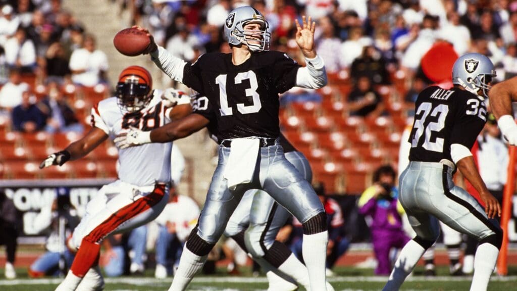 Dec 16, 1990; Los Angeles, CA, USA; FILE PHOTO; Los Angeles Raiders quarterback Jay Schroeder (13) in action against the Cincinnati Bengals at Los Angeles Memorial Coliseum