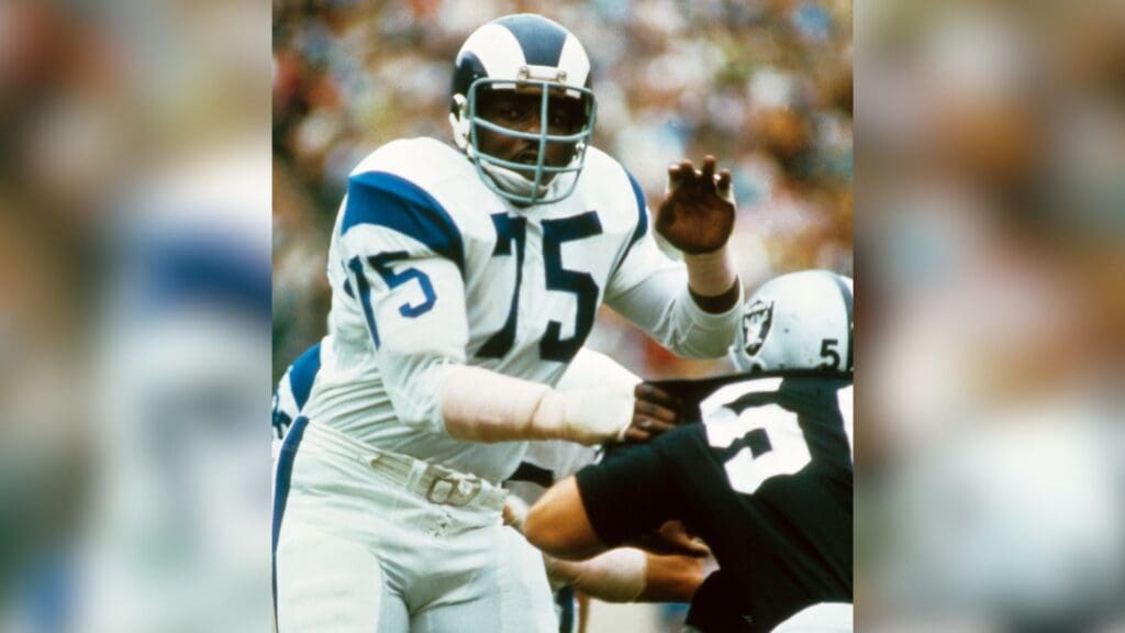 Unknown date & location, USA; FILE PHOTO; Los Angeles Rams defensive end Deacon Jones (75) in action against the Oakland Raiders during a preseason game